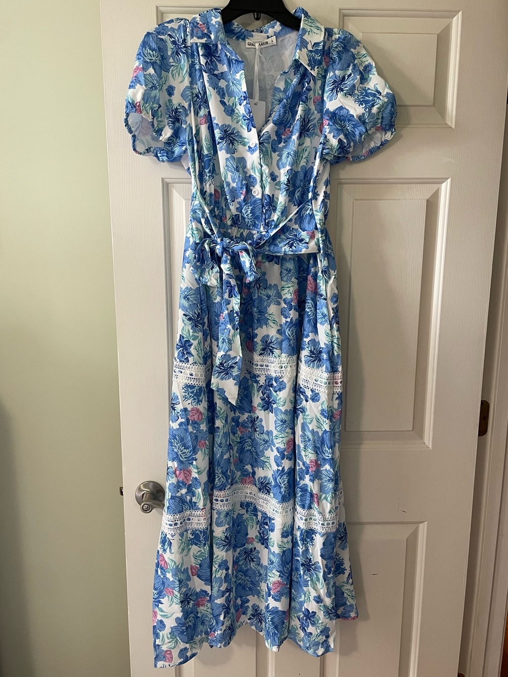 Grace Karin Blue Floral Maxi Dress with Puff Sleeves and Waist Tie